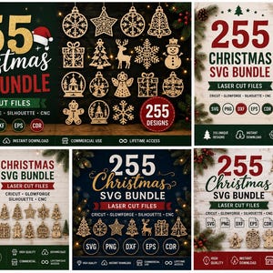 255 Christmas SVG Bundle, Christmas Ornament SVG, Laser Cut Files for Glowforge, Cricut svg, Silhouette dxf png eps CDR, Holiday Ornament