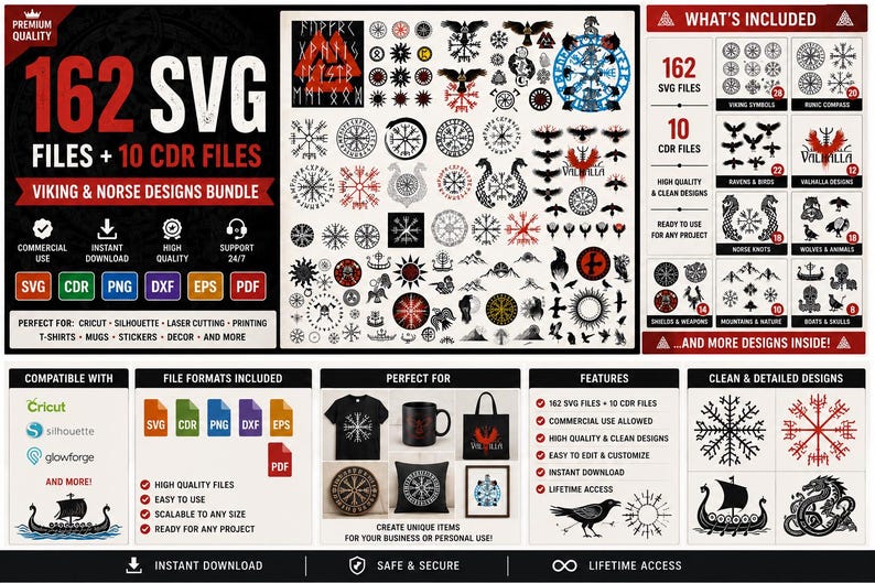 162 Viking SVG Bundle, Norse Mythology SVG, Vegvisir Valknut Raven Odin SVG, Viking Compass Laser Cut Files for Cricut Glowforge png dxf eps image 2