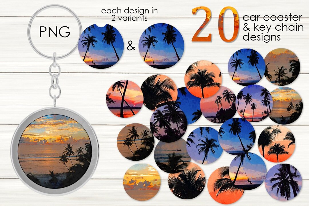 Car Coaster & Key Chain Tropical Palm Trees Design Bundle SVG Files 20 ...