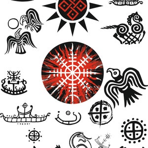 May include: A collection of black and white graphic illustrations featuring a central red and black Vegvisir symbol surrounded by various Norse-inspired motifs including longships, ravens, horses, sun symbols, and intricate knotwork patterns.