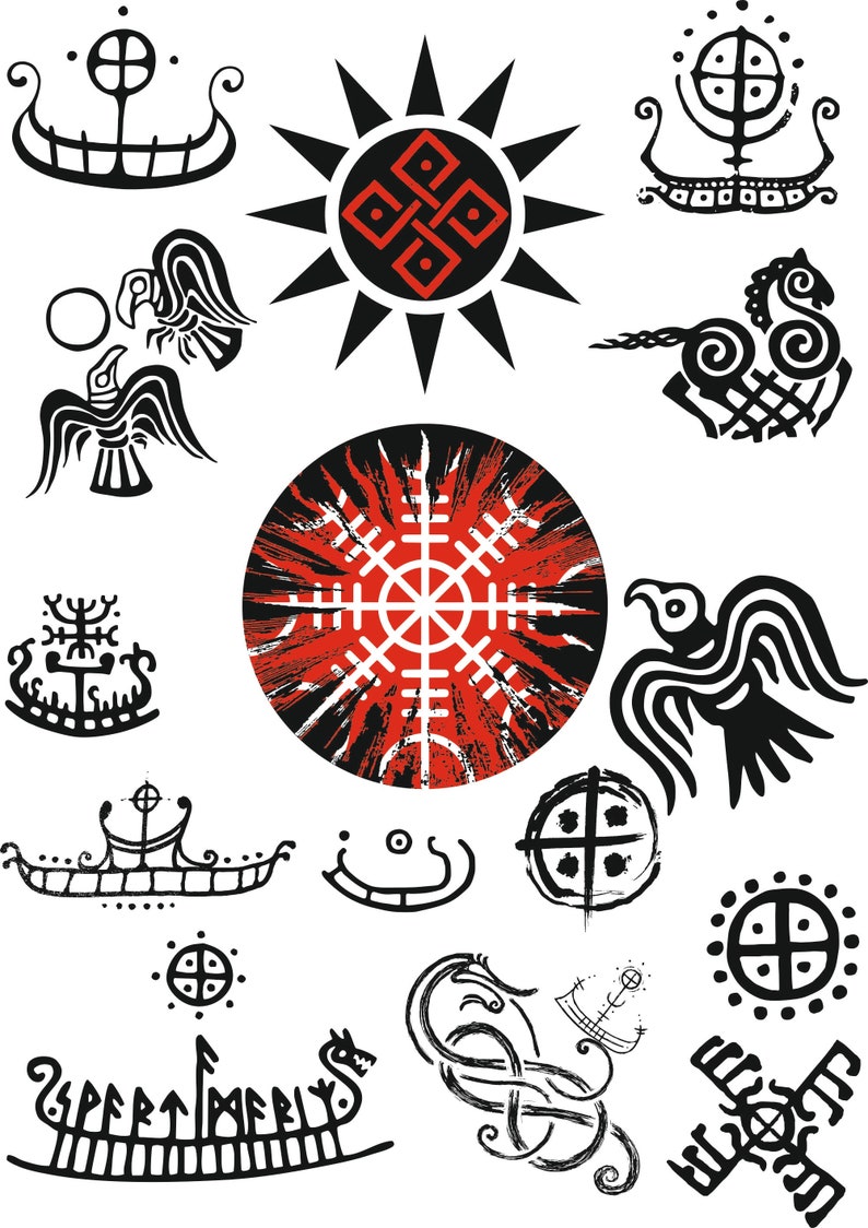 May include: A collection of black and white graphic illustrations featuring a central red and black Vegvisir symbol surrounded by various Norse-inspired motifs including longships, ravens, horses, sun symbols, and intricate knotwork patterns.