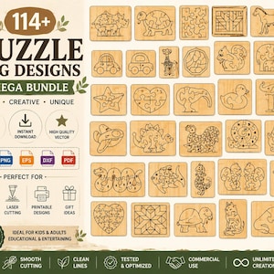 May include: A digital collection of 114+ puzzle SVG designs featuring various animals, vehicles, and geometric shapes. The bundle includes file formats such as SVG, PNG, EPS, DXF, and PDF, presented with text labels indicating compatibility for laser cutting and crafting.