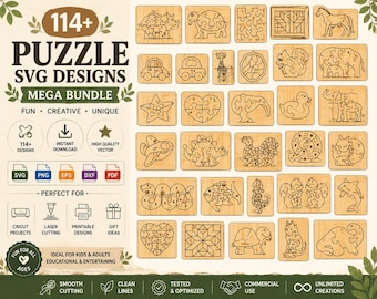 May include: A digital collection of 114+ puzzle SVG designs featuring various animals, vehicles, and geometric shapes. The bundle includes file formats such as SVG, PNG, EPS, DXF, and PDF, presented with text labels indicating compatibility for laser cutting and crafting.