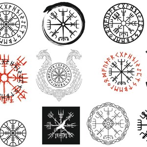 May include: A collection of black and red graphic illustrations featuring various Vegvisir compass symbols, runic circles, and intricate knotwork designs. The set includes multiple circular motifs, some framed by serpents or dragon heads, displayed on a white background.