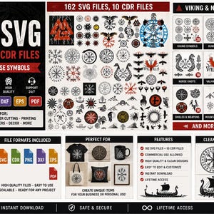 May include: A digital collection of 162 SVG and 10 CDR files featuring Viking and Norse symbols, including runic compasses, ravens, knots, and shields. The graphic display shows various black and red icons, file format logos, and examples of the designs applied to t-shirts, mugs, and pillows.