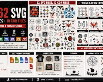 162 Viking SVG Bundle, Norse Mythology SVG, Vegvisir Valknut Raven Odin SVG, Viking Compass Laser Cut Files for Cricut Glowforge png dxf eps