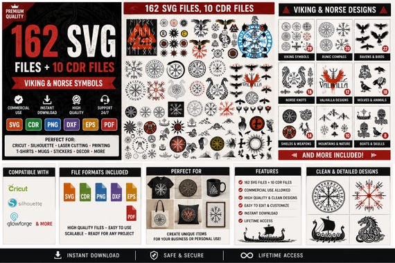 162 Viking SVG Bundle, Norse Mythology SVG, Vegvisir Valknut Raven Odin SVG, Viking Compass Laser Cut Files for Cricut Glowforge png dxf eps