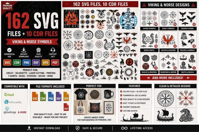 May include: A digital collection of 162 SVG and 10 CDR files featuring Viking and Norse symbols, including runic compasses, ravens, knots, and shields. The graphic display shows various black and red icons, file format logos, and examples of the designs applied to t-shirts, mugs, and pillows.