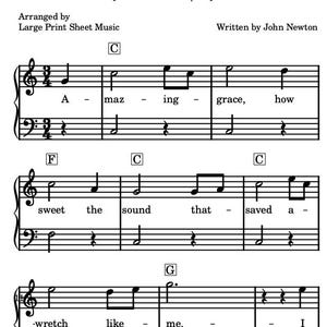 May include: Sheet music for "Amazing Grace" in the key of C, arranged for easy piano. The music includes the lyrics and musical notation, with the words "Amazing Grace" and "Written by John Newton" visible.