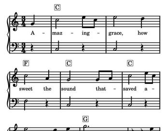 Amazing Grace For EASY Piano, GROS GROS caractères, Hymne Partition, Clé de C à téléchargement numérique