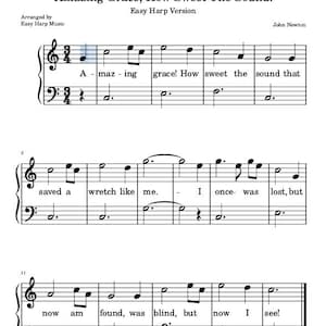 Könnte beinhalten: Noten für "Amazing Grace, How Sweet The Sound!" in einer einfachen Harfenversion. Die Musik ist mit schwarzer Tinte auf weißem Hintergrund geschrieben, mit Noten und Text. Titel und Name des Komponisten stehen oben.