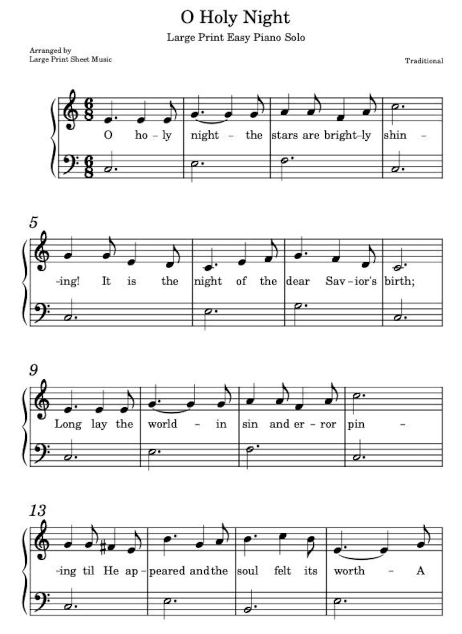 O Holy Night EASY PIANO Sheet Music LARGE Print Digital Download