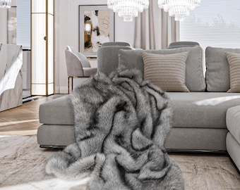 Couverture glamour en fourrure douce Respirit - Jeté gris en fausse fourrure | Jeté et couvre-lit faits main | Jeté en fausse fourrure | Jeté de canapé | Couverture de luxe