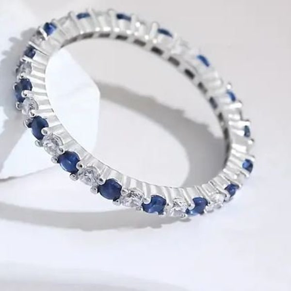 Full Eternity Ring, Sapphire Ring For Her, Gift For Mom, Tiny Ring, Engagement Ring, 14K White Gold, Proposal Ring, 1.52Ct Round Cut Diamond