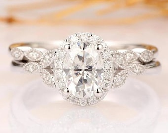 Halo Engagement Ring Set, 2.19 Ct Simulated Diamond, 14K White Gold, Wedding Ring Set, Bridal Ring Set, Diamond Ring Set, Anniversary Gift