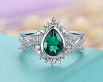 Criss Cross Ring Set, Bridal Beautiful Ring Set, 2.1 Ct Pear Cut Emerald Ring, Engagement Ring Set, 14K White Gold, Wedding Gifts For Bridal