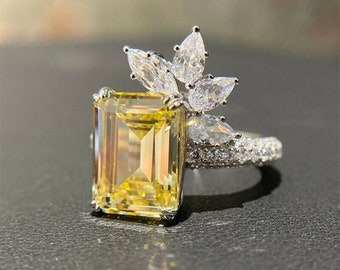 Cocktail Ring, Charming 4.3 Ct Simulated Emerald Cut Yellow Canary Ring, Wedding Engagement Ring, 925 Sterling Silver, Wedding Gift, Rings