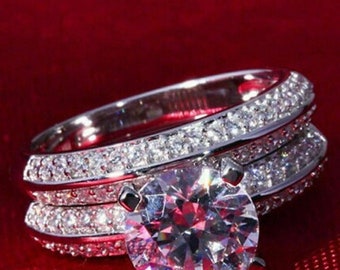 Unique Bridal Set Ring, 14K White Gold Plated, 2.47 Ct Round Moissanite, Pave Set Ring, Engagement Ring Set, Timeless Promise Wedding Ring