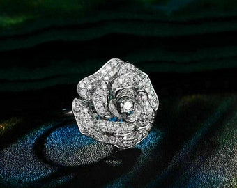 Fancy Flower Ring, Sparkle Diamond Ring, 14K White Gold, 1 Ct Diamond, Promise Ring, Luxury Wedding Ring, Engagement Ring, Rose Flower Ring