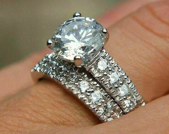 Moissanite Bridal Set, Wedding Ring Sets, Engagement Ring, Eternity Band, Bridal Ring Set, 2.1 Ct Round Moissanite Ring, 14K White Gold Ring
