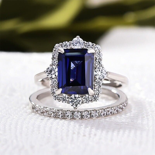 Halo Engagement Ring, Bridal Set, Bridesmaid Gift, Wedding Band, Ring Set, 14K White Gold, 3 Ct Emerald Cut Sapphire, Wedding Ring Set
