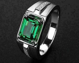 Silver Ring, Men's Ring, Men's Engagement Ring, 3.25Ct Emerald, 14K White Gold, Proposal Ring, Green Emerald Ring, Silver Ring, Ring For Men
