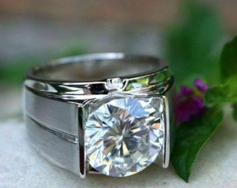 Anillo solitario para hombre, anillo de boda para hombre, oro blanco de 14 quilates, anillo de moissanita incoloro de 3 quilates, anillos de novio, anillo de propuesta, regalo de cumpleaños para él