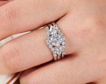 Trio Bridal Ring Set, Wedding Ring Set For Bridal, Engagement Ring Set, Wedding Bridesmaid Gift, 14K White Gold Ring Set, Wedding Jewelry