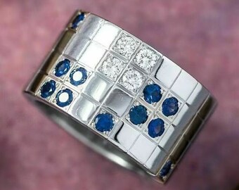 Anillo de compromiso para hombre, zafiro de 2,40 quilates, oro blanco de 14 quilates, regalo de boda y aniversario para él, banda para marido, banda de plata, anillo de promesa