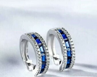 Hoop Earrings, Sapphire Earrings, 1.66 Ct Round Cut Diamond Earrings, 14K White Gold, Gift For Her, Unique Earrings Set, Wedding Earrings