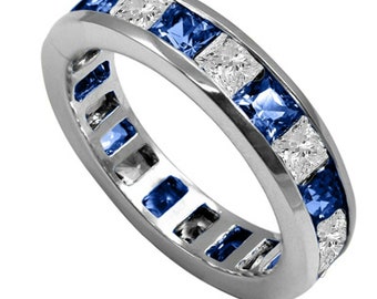 Full Eternity Band, 14K White Gold, 3.2 Ct Sapphire, Channel Set Band, Wedding Band, Anniversary Gift For Her, Promise Band, Graduation Ring