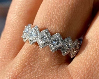 Halo Diamond Band, Full Eternity Fancy Band, 7.5 Ct Princess Cut Diamond Ring, 14K White Gold, Engagement Ring, Multi Stone Ring, Thumb Band