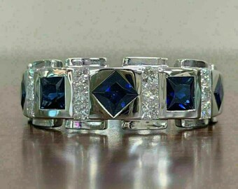 14K White Gold Ring, Thumb Men's Ring, Sapphire Wedding Band, Men's Party Wear Ring, 5.3Ct Princess Cut Sapphire, Statement Ring For Husband