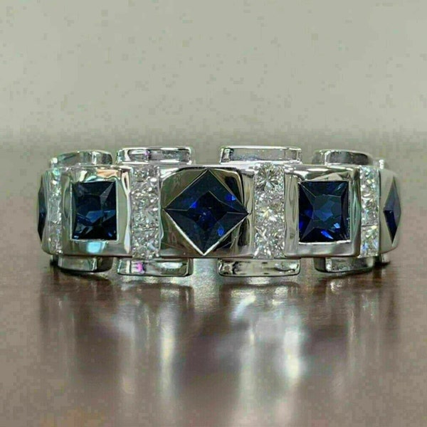 14K White Gold Ring, Thumb Men's Ring, Sapphire Wedding Band, Men's Party Wear VVS1, 5.3Ct Princess Cut Sapphire, Statement Ring For Husband