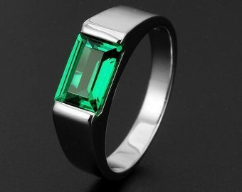 Men's Solitaire Ring, Simulated Emerald, 14K White Gold, Wedding Gift Ring, Anniversary Gift, Ring Friend Him, Emerald Ring, Silver Ring