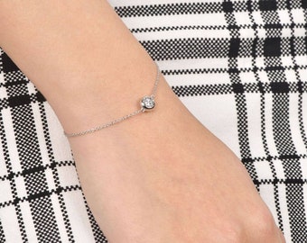 Pulsera con conjunto de bisel, pulsera delicada, diamante de talla redonda de 1,51 quilates, regalo para ella, pulsera con solitario, chapado en oro blanco de 14 quilates, regalo para mamá, regalos