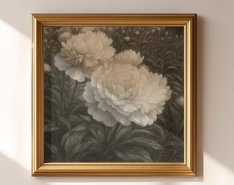 絵画　洋風　花　肖像画　モノクロ ヴィンテージ牡丹ポスター：レトロな花柄ウォールアート（デジタル