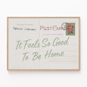 É tão bom estar em casa, pôster de cartão postal, impressão verde-sálvia, estética de apartamento, pôster caseiro, decoração moderna, decoração de selo postal