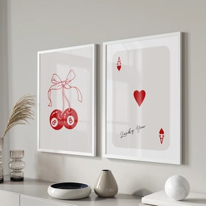 Red Colour Poster, Lucky You Poster, 8 Ball Poster, Set of 2 print, 70&#39;s Wall Art, Retro Trendy Print, Playing Card Poster, Home Decor