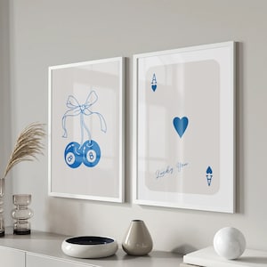 Poster di colore blu, Poster Lucky You, Poster da 8 palle, Set di 2 stampe, Arte da parete degli anni '70, Stampa di tendenza retrò, Poster di carte da gioco, Decorazioni per la casa