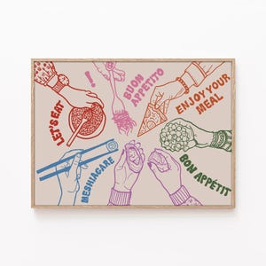 Peut inclure: Un fond beige avec des illustrations de mains tenant différents aliments et les mots "Let's Eat", "Buon Appetito", "Enjoy Your Meal", "Meshiagare", et "Bon Appétit" en différentes couleurs.