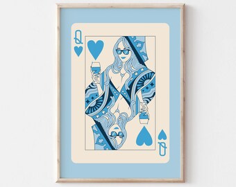 May include: A blue and white illustration of the Queen of Hearts playing card. The Queen is wearing sunglasses and holding a glass of wine. The card has a blue background and a white border.