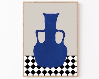 Blue Colour Poster, Checkered Poster, Beige background, Blue Vase Wall Art, Minimalistic Blue Art, Blue vase, Minimalistic Print