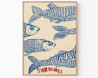 Sardines poster, retro sardines kunst aan de muur, vis print, retro keuken print, keuken kunst aan de muur, vis kunst aan de muur, retro decor, keuken kunst aan de muur