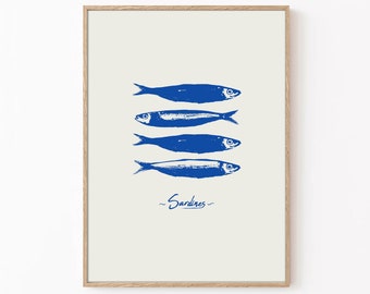 Blaue Sardinen Poster, Retro Sardinen Druck, Blaue Küche Druck, Retro Blau Poster, Sardinen Wandkunst, Retro Küche Dekor, Küche Dekor