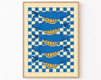 Plakat ścienny z motywem sardynek w kuchni: retro ryba (do pobrania w wersji cyfrowej)