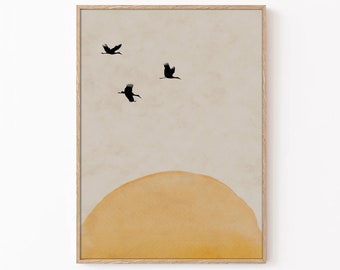 Retro Brown Poster, Sun Rise Poster, Birds Minimalistic print, Scenery Print, Home Decor, Wall Decor, Flying Birds Print, Aura Poster