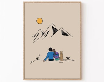 Couple Hiking Wall Art, Hiking Poster, Couple Trekking with a Dog Wall Art, Trekking Poster, Mountain hiking, Romantic Wall Art