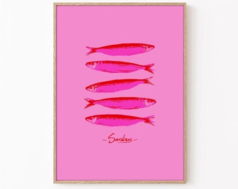 Rosa und rotes Poster, Pink-Druck, Rosa Sardinen-Druck, Pink Fisch-Druck, Retro-Küchendruck, Küchendekor, Esszimmerdekor