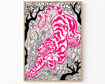 Pink Tiger Retro Art Print: Maximalist Preppy Wall Decor (Digital Download)